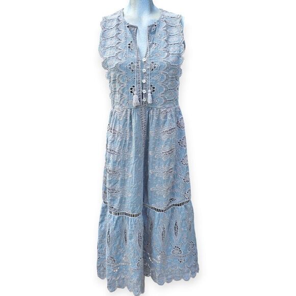 Sea New York Embroidered Sleeveless Midi Dress Pale Blue Grey Size 2 - Picture 1 of 16
